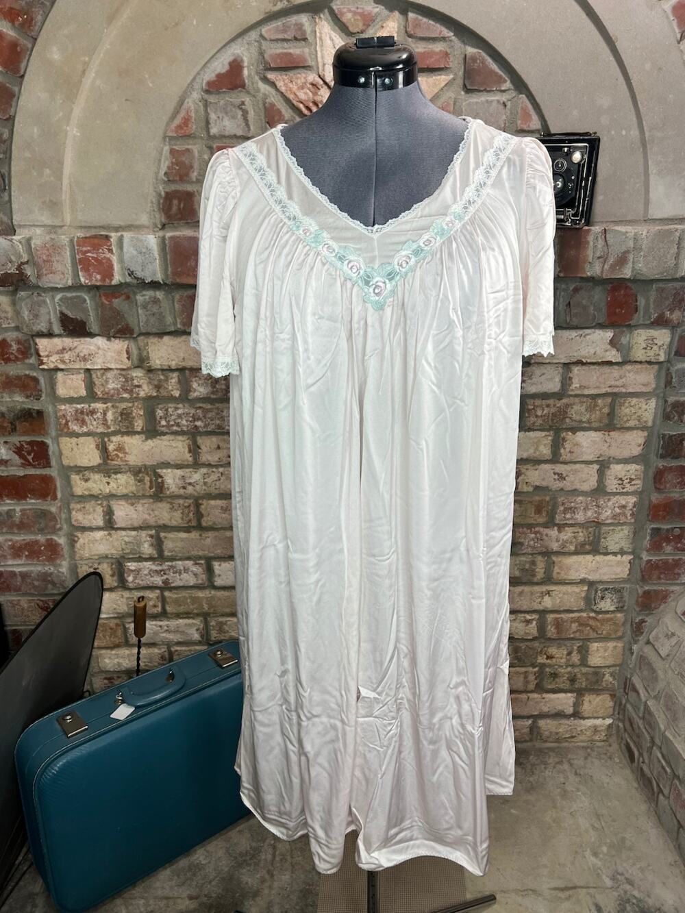 satin nightgown V neck lace pink